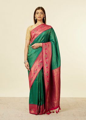 alt message - Mohey Women Dark Green Floral Buta Patterned Saree with Latkan Trimmings image number 0